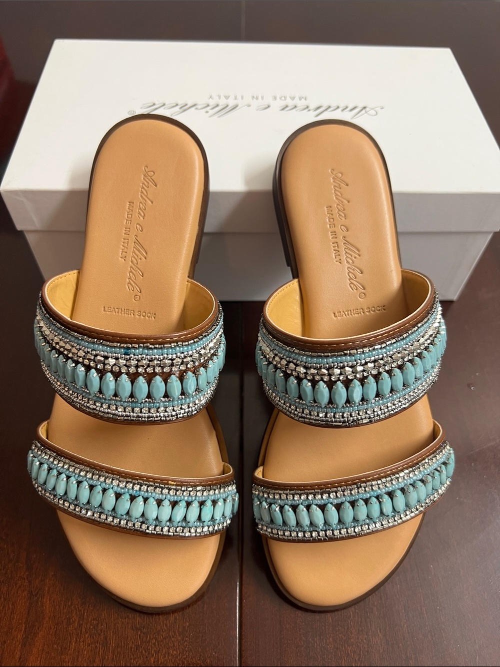 🌞 Andrea E. Michele Turquoise Beaded Slide Sandals Made in Italy women size 7.5